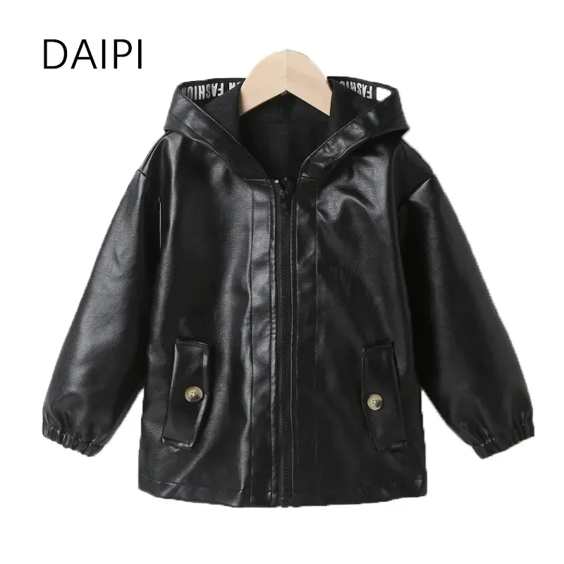 

2-7 Year Leather Clothes Child Boy Jackets Pocket Zipper Hooded PU Girl Coat 2023 Fashion Boys ren's Clothing