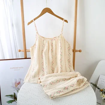 Pigiama da donna in cotone 100% Set da donna 2 pezzi con cinturino per spaghetti Pigiama da donna con stampa floreale 1