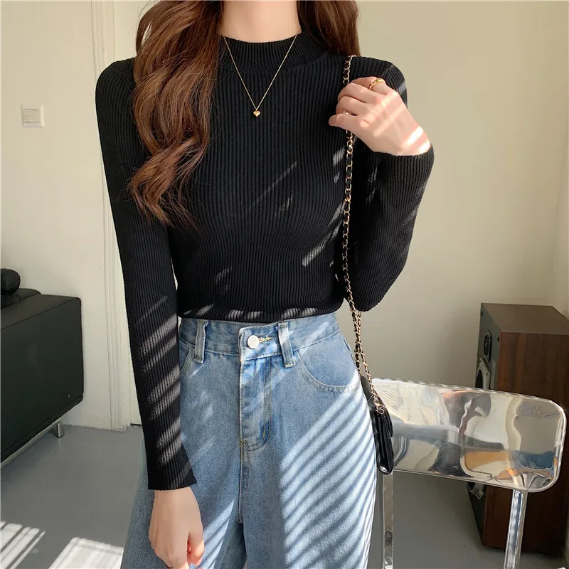 short sleeve cardigan Autumn Winter New Long Sleeve Pullover Sweater Solid Color Korean Version Half High Collar Slim Fit Knitted Bottomed Shirt Top blue sweater