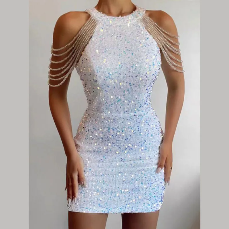 

2023 Summer New In Fashion Women's Dress Sequined Luxury Party Short Dresses Chic and Elegant Sexy Crystal Tassel Evening Dress