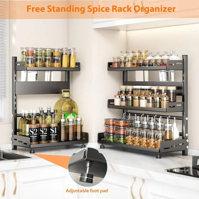 Scaffale per spezie a 3 livelli per l'organizzazione delle spezie regolabile sul piano di lavoro per l'organizzatore della cucina dell'armadio Scaffale in metallo nero 2