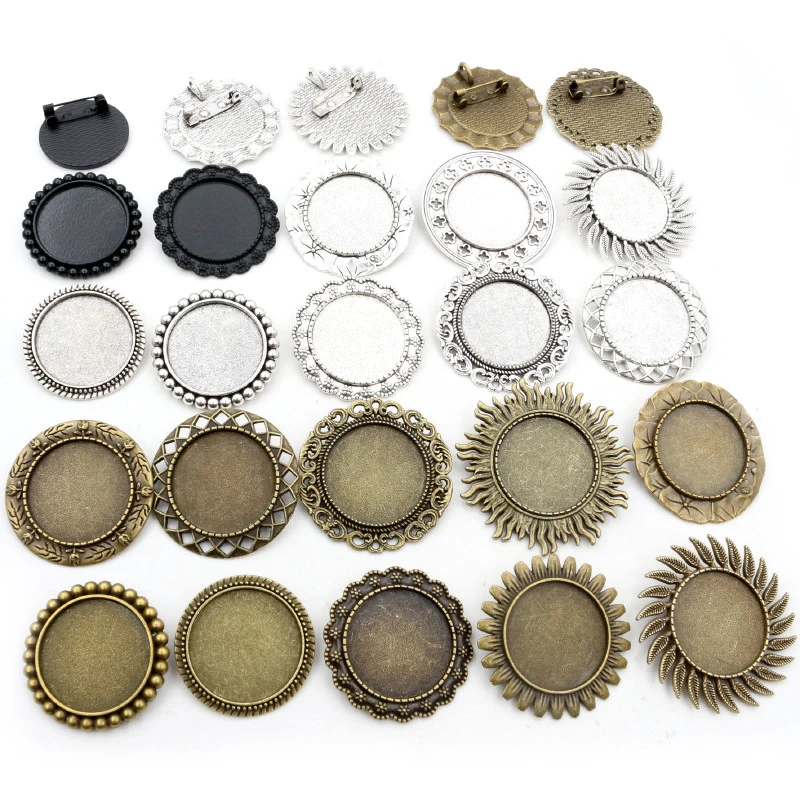 5pcs 25mm Inner Size Antique Silver Plated Bronze Colors Brooch Baroque Style Cabochon Base Setting