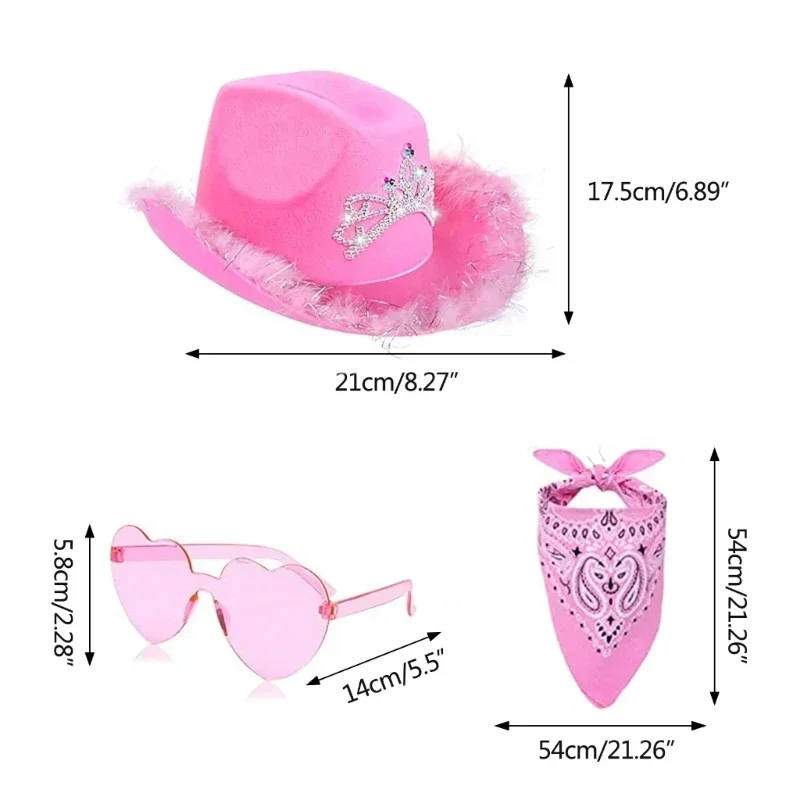 3PC Cowboy Decoration Set  Women Pink Cowgirl Fluffy Cowboy Glitter Hat Carnival Costume Accessory for Party Wear Ha