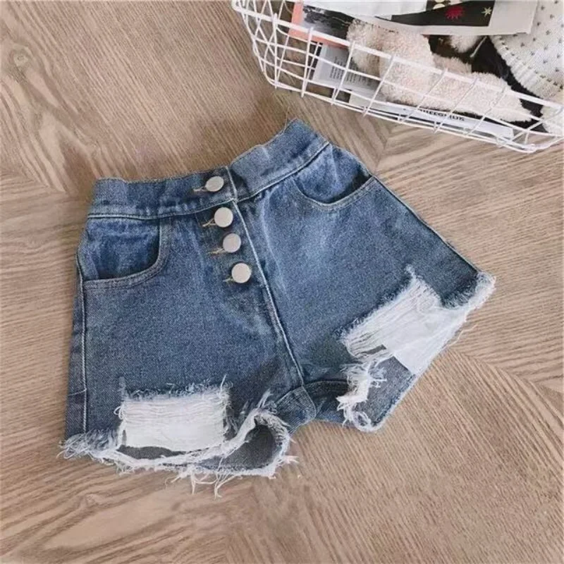 Fashion Baby Girl Casual Jean Shorts Ripped Holes Toddler Teen Child Cotton Scanties Trousers Button Summer Baby Clothes 1-12Y