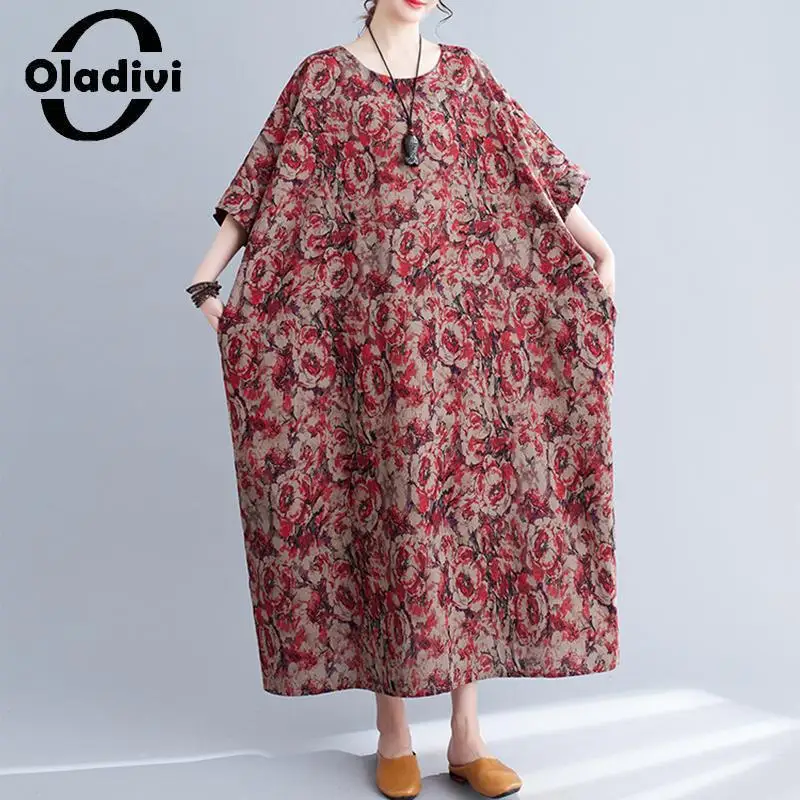 

Oladivi Large Size Women Casual Loose Cotton Linen Dress 2023 Summer New Short Sleeve Long Dresses Ladies Oversize Clothing 6506