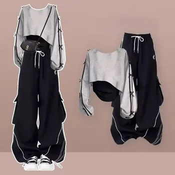 2026 Girls' Spring New Chic Tracksuit Matching Set Korean Elegant Long-sleeve Hoodie Top+Vest+Casual Cargo Pants 3-Piece Suit 1