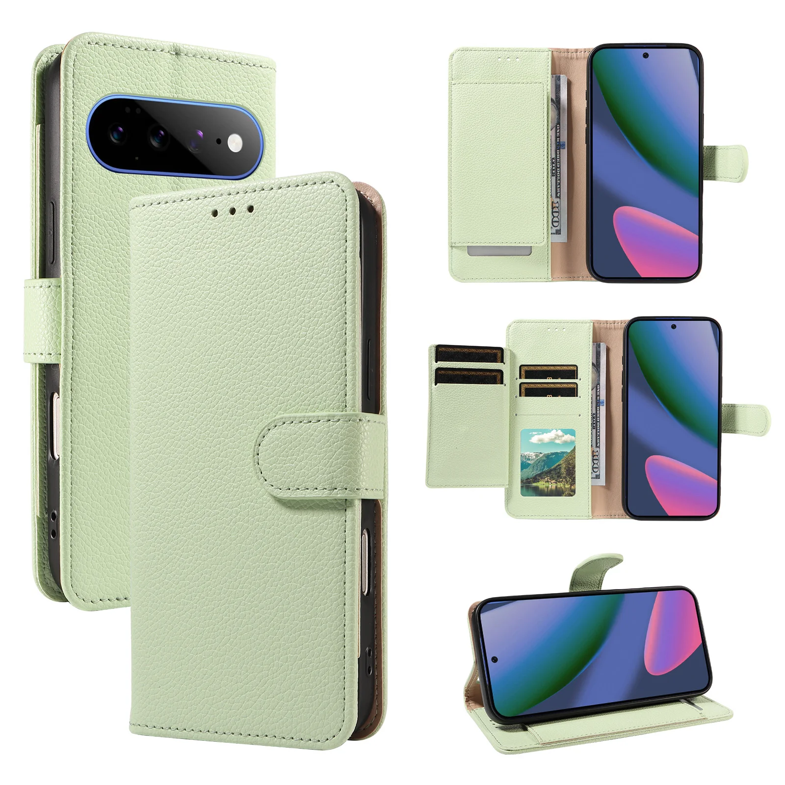 Lychee Pattern Faux Leather Flip Cover with Card Slot and Anti-Fall Protection
