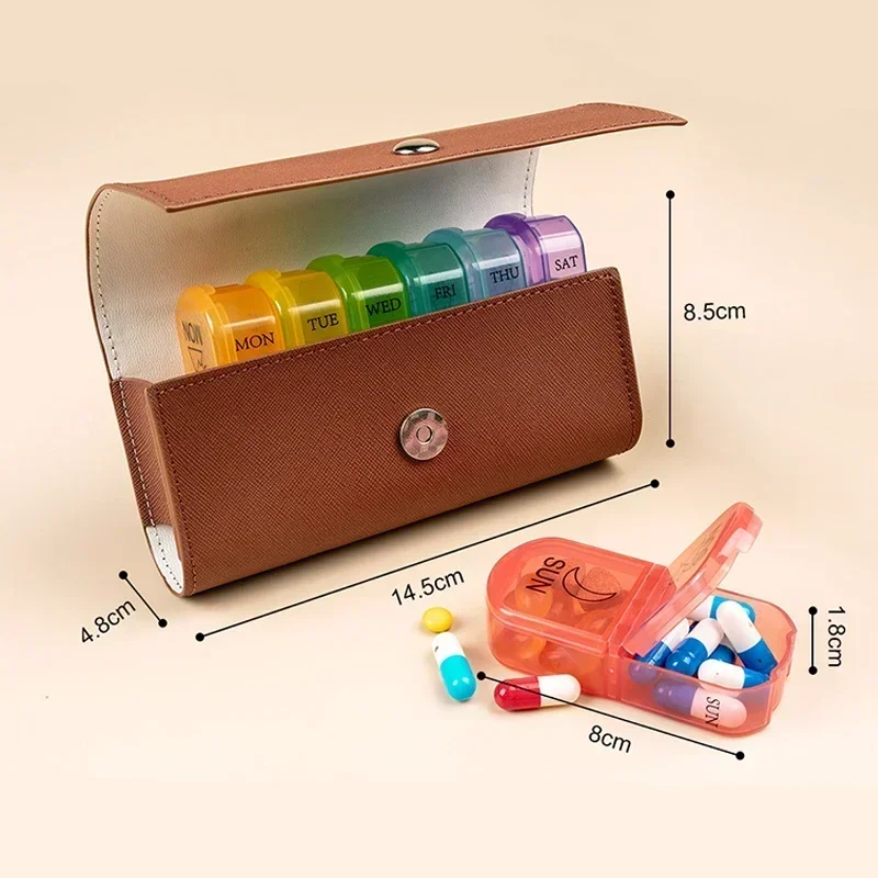14 Grids Leather Bag Medicine Box Weekly 7 Days Pill Medicine Box Holder Organizer Pill Storage Box for Medications Vitamins