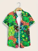 Chemise d'été décontractée à manches courtes pour hommes, haut confortable pour les vacances d'été, fleurs vertes, motif intéressant et attrayant 1