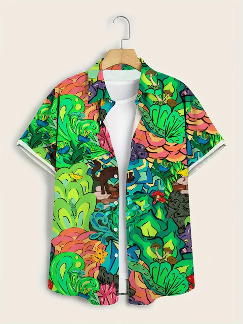 Chemise d'été décontractée à manches courtes pour hommes, haut confortable pour les vacances d'été, fleurs vertes, motif intéressant et attrayant 1