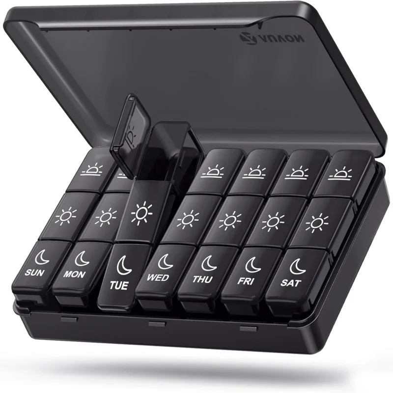 Weekly Pill Organizer, Black Portable Medicine Storage Box with 21 Compartments