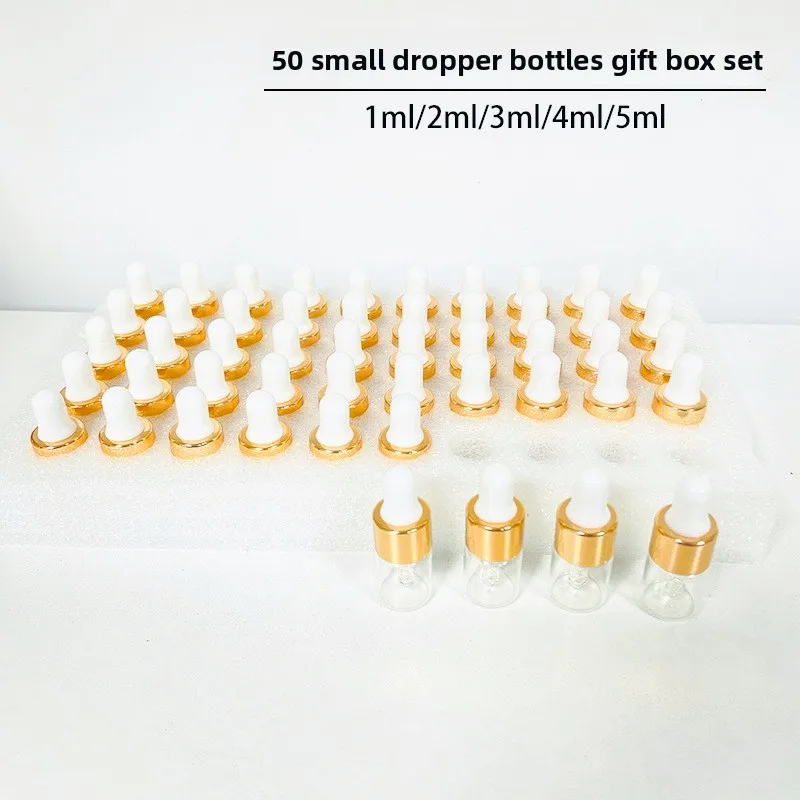 50개 1ml/2ml/3ml/5ml 박스형 투명 미니 유리 드로퍼 병, 에센셜 오일 샘플 휴대용 유리 아이드로퍼 포함