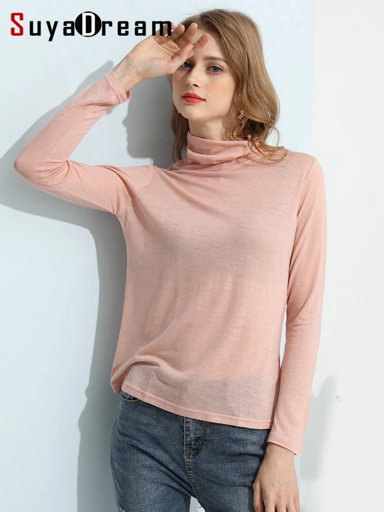 

SuyaDream Женские однотонные футболки из шелка и шерсти, однотонные водолазки с длинными рукавами, приталенные рубашки, 2022 весенний Базовый Топ