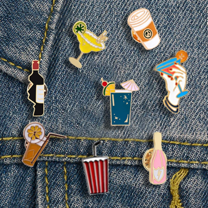 

Summer Beach Fashion Cartoon Enamel Pins Fruit Juice Coffee Wine Tea Cup Brooch Denim Jackets Badge Brooches for Women Jewelry