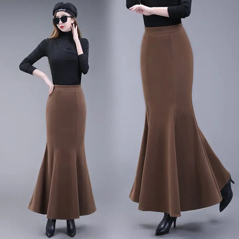 

Elegant Ankle-length Women Outfits Winter New Vintage Style Ladies Trumpet Long Skirts High Waist Mermaid Skirt Suits T564