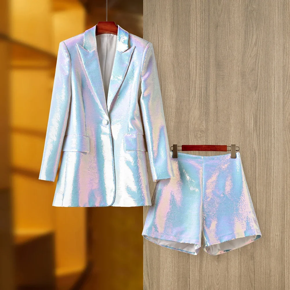 Brand New Unique Party Style Bling Sequins Cloth Suit Single Button Blazer Shorts Fushcia Color Lady 2PCs