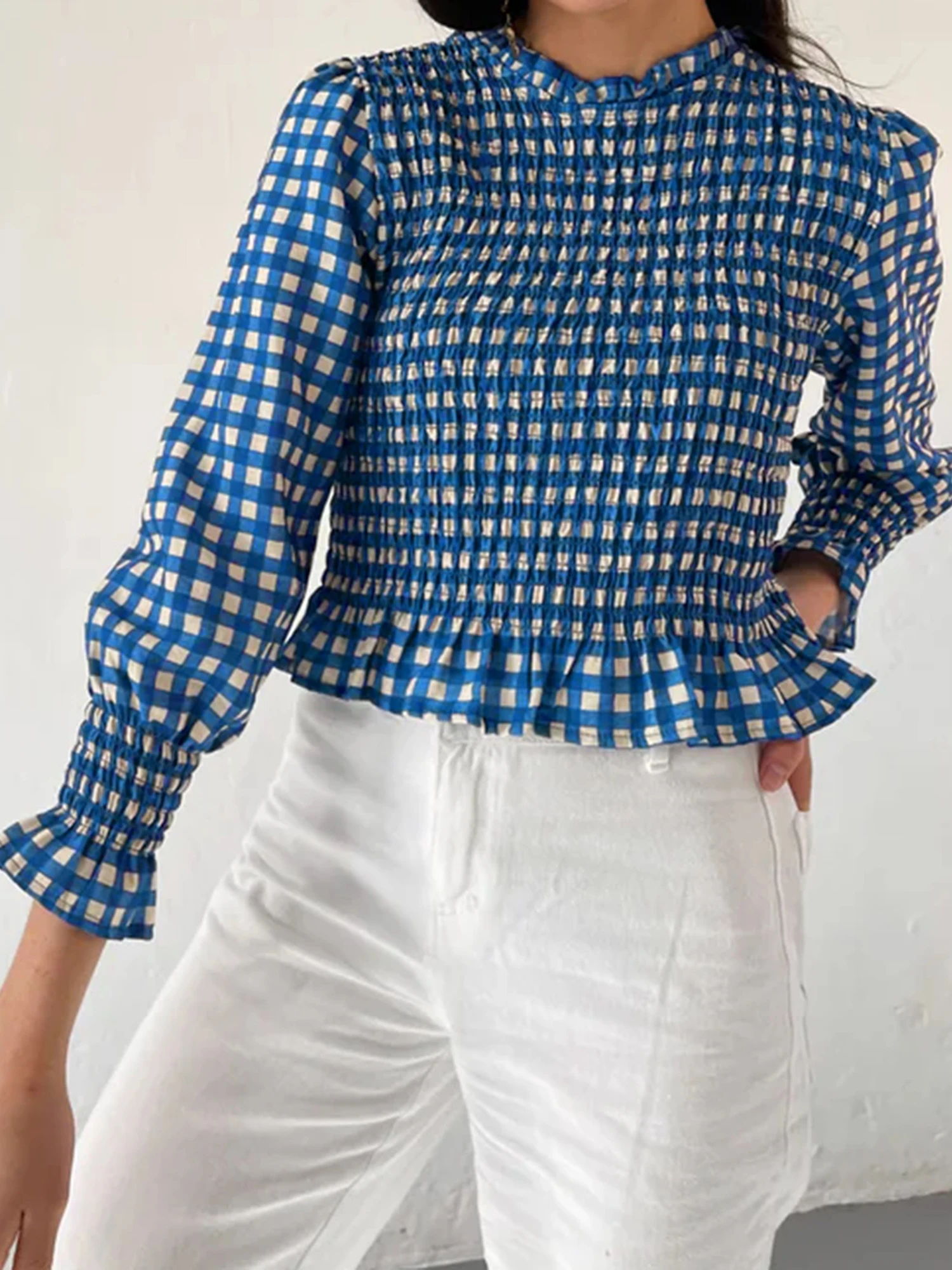 Stylish Women s Plaid Blouse with Round Neckline and Smocked Detailing Featuring Bubble 3 4 Sleeves and Ruffled Design