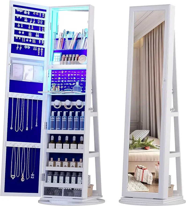 

Lvifur 360° Rotating Full Length Mirror Jewelry Armoire, 63” Large Capacity Jewelry Organizer Armoire, Lockable Jewelry Mirror C