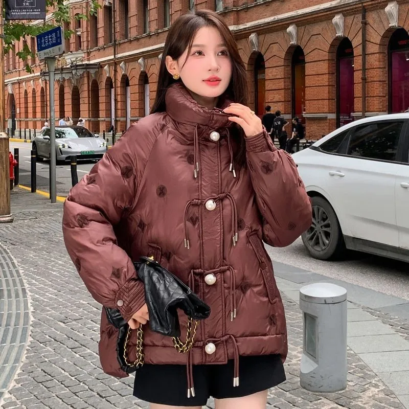 

Down Cotton-Padded Coat Women Winter Fashion Knot Button Large Size Outwear Female Stand Collar Solid Color Warm Casual Outcoat