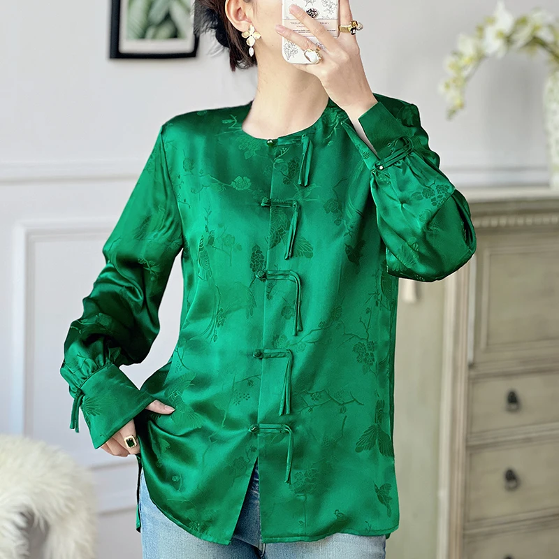 

Chinese Style Women's Vintage Shirt 28mm Real Silk Blouse 2024 Spring Elegant Shirts Blouses For Women Long Sleeve Tops Loose