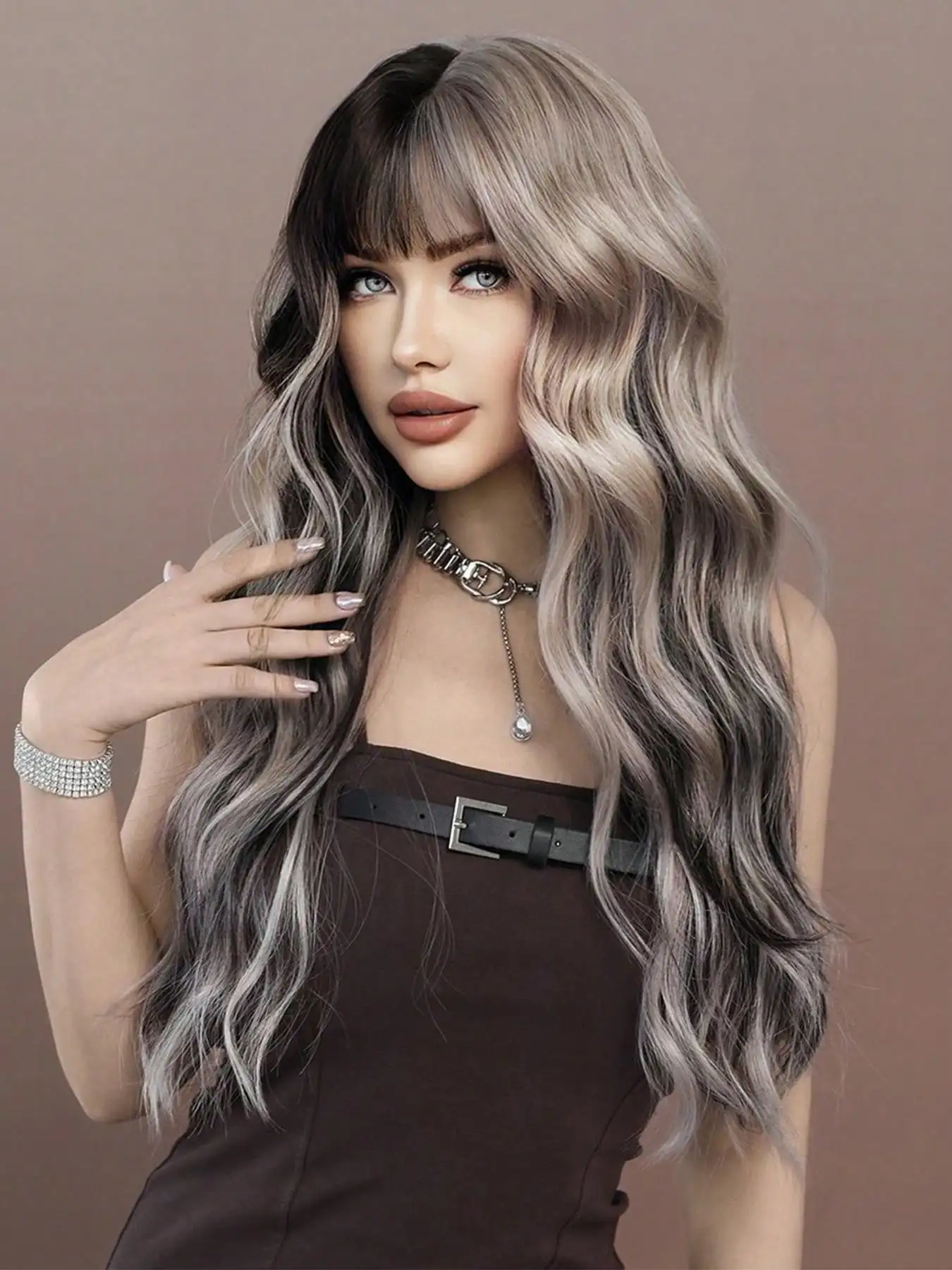 Wavy Ash Hair Wig with Bangs for Women Daily Party