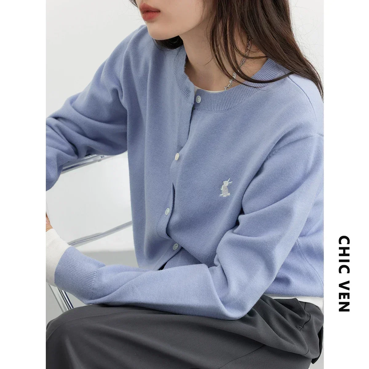CHIC VEN 여성 티셔츠 새로운 멀티 컬러 옵션 간단한 솔리드 토끼 자수 니트 카디건 스웨터 가을 봄 2025