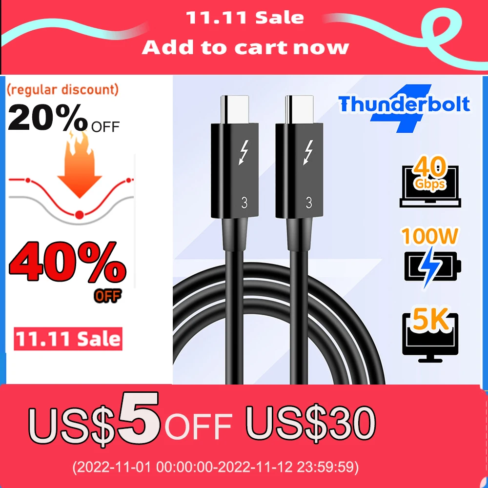Thunderbolt 3 Cable 40gbps 100w Thunderbolt 3 Dock Cable 0.7m 2.3ft 20v