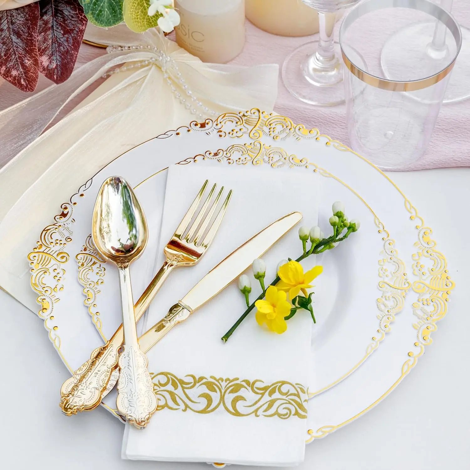 350PCS Gold Plastic Plates-Disposable Dinnerware Plates and Pre Rolled Napkins with Plastic Cutlery Party(Heavyweight)