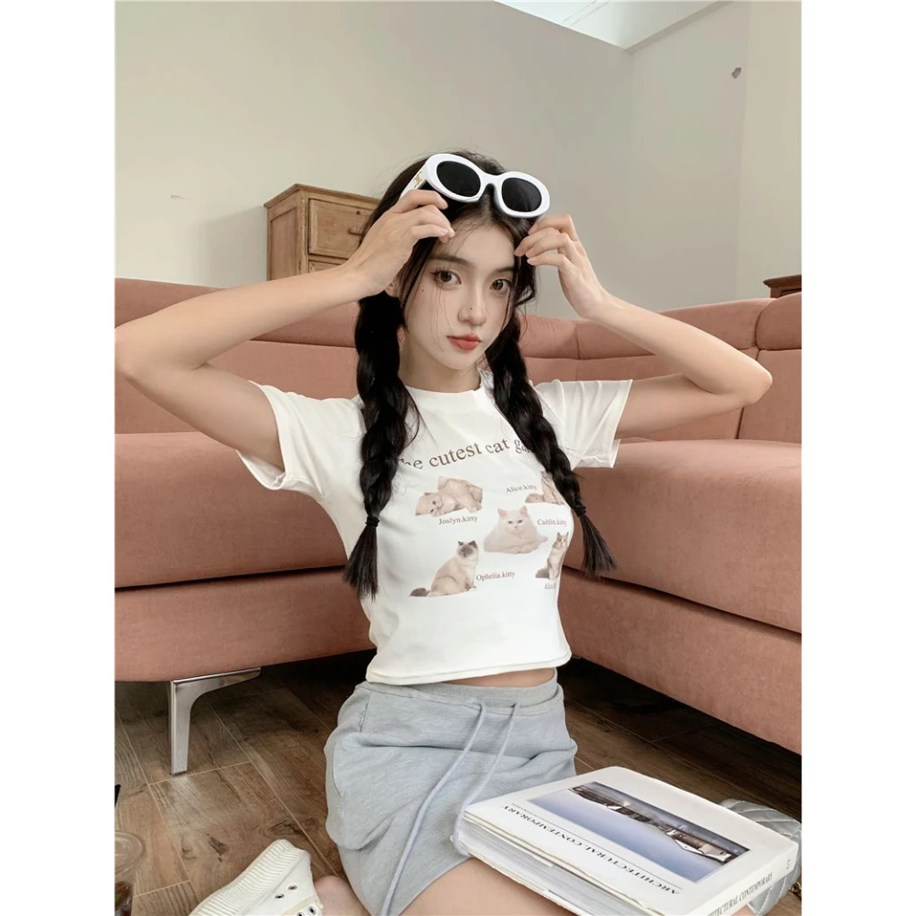 Printcess Top scurt pentru femei Y2K, sexy, subțire, cu mânecă scurtă, guler rotund, crop top cu imprimeu de pisici, cropTee, cool, la modă stradală, îmbrăcăminte pentru femei 979_voghion.com