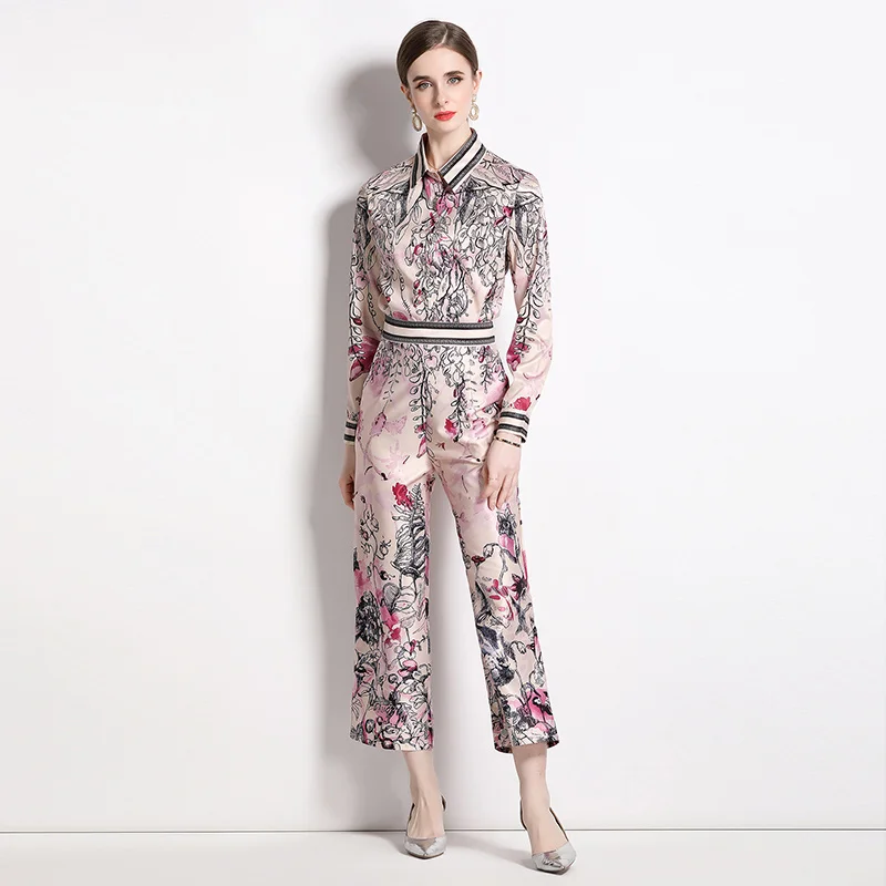 

Women Clothing Runway Fashion Two Piece Set 2023 New Summer Elegant Printed Shirt Tops And High Waist OL Pants Outfits Female