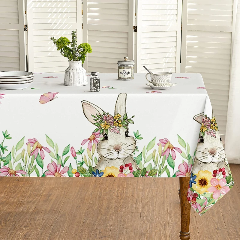 

Easter Waterproof Rectangle Tablecloth Spring Flower Bunny Table Cover for Party Picnic Dinner Decor Easter Decoration 2023