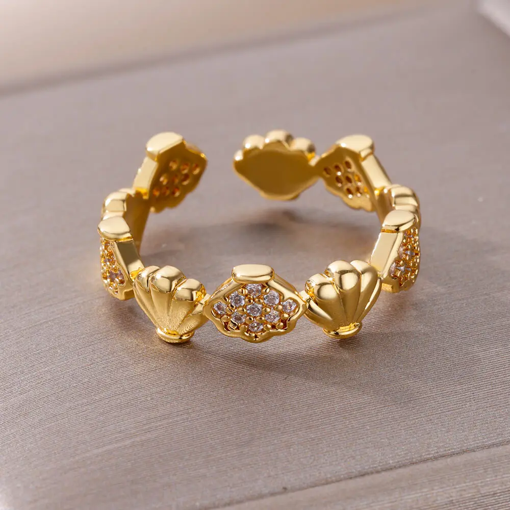Zircon Shell Opening stainless steel Adjustable gold plated ring for women