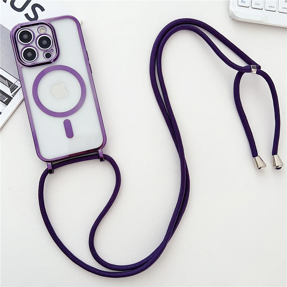 thumbnail image 1 of Luxury Crossboby Necklace Cord Rope Lanyard Plating Magnetic Clear Case For iPhone 14 11 12 13 15 Pro Max For Magsafe Soft Cover, 1 of 5