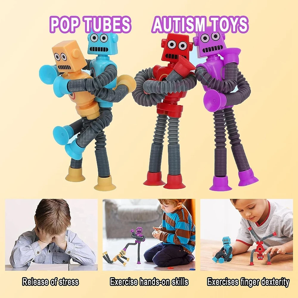 Fidget Toys 4Pcs Pop Tubes Fidget Toys Changing Telescopic Suction Cup Robot Stress Relief Sensory Toys Party Favors For Girl Boys Gifts