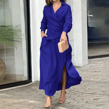 Dresses For Women 2024 Plus Size Women Spring And Autumn Solid Color Temperament Lapel Long Slit Solid Color V Woman Clothing 3