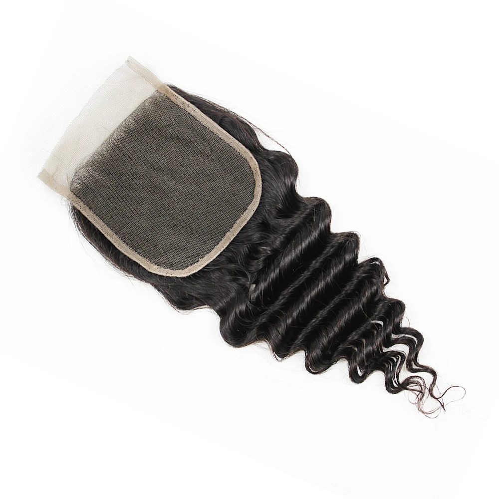 Deep Wave 5*5 & 4*4 Lace Closure Remy Indian Human Hair Hand-tied Top Closures 150 Density Natural Color Hair Extension