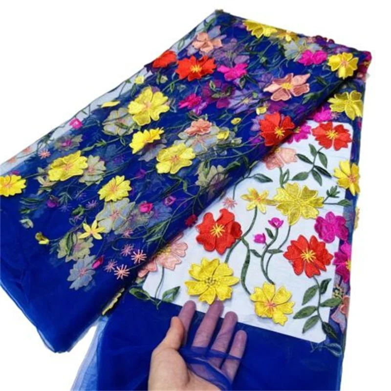 

Blue Latest African Net Lace Fabric 3D Flower Material Embroidery Tulle French Mesh Lace Fabric With Sequins For Wedding Latest