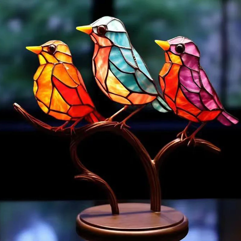 Stained Acrylic Birds on Branch Desktop Ornaments, Double Sided Multicolor Style Birds Craft Statue Desktop Ornaments
