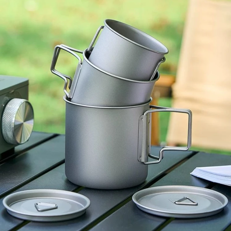 Camping Ultralight Titanium Cup Portable Water Cup with Lid Foldable Handle Titanium Cup Outdoor Cooking Picnic Cutlery 6