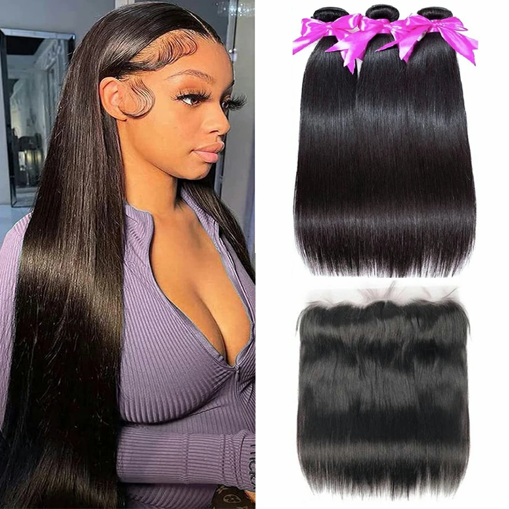 Luxediva Brazilian Human Hair Weave Straight Hair Bundles With Frontal Human Hair 3 Bundles With Closure13x4 Frontal Extension