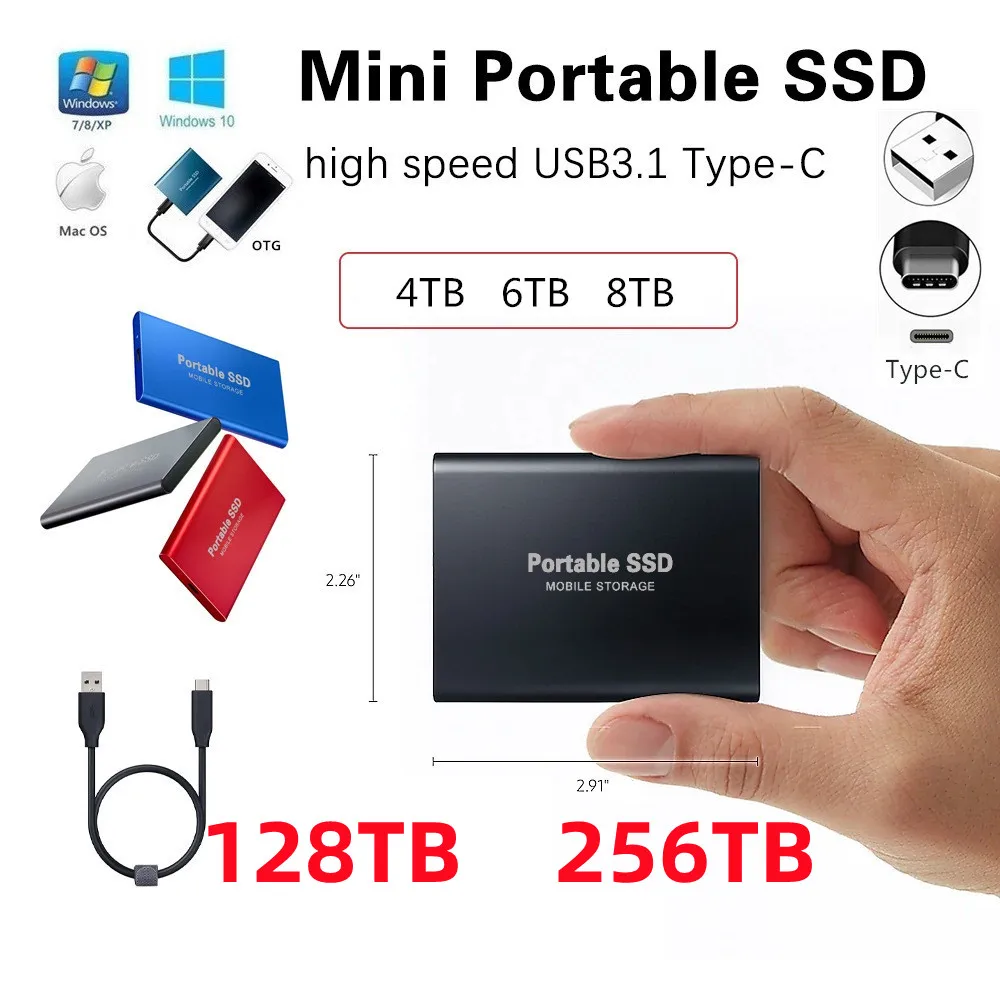외장형 모바일 하드 디스크, 휴대용 SSD, 충격 방지 알루미늄 합금, 솔리드 스테이트 드라이브, 변속기 속도, 4TB, 8TB, HD, USB3.1