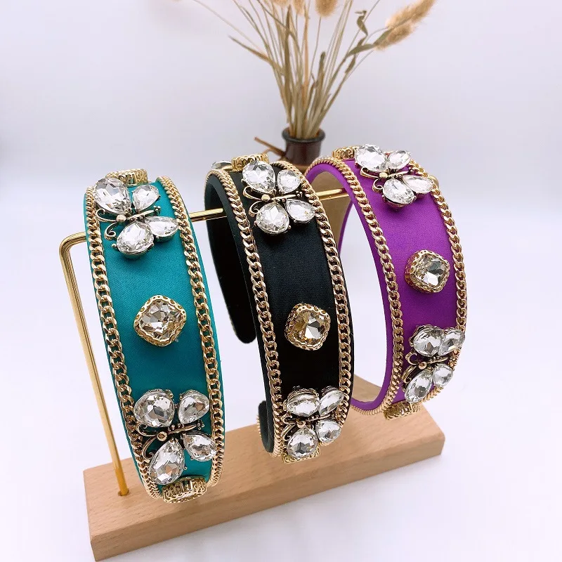 New Baroque Style Wide Brim Hair Band Metal Chain Rhinestone-Encrusted Butterfly Decorations Headband Heavy Industry Headdress for samsung galaxy watch4 active 40mm 44mm watch4 classic 42mm 46mm bracelet metal watch band 5 beads 2 rows bling rhinestone replacement strap silver