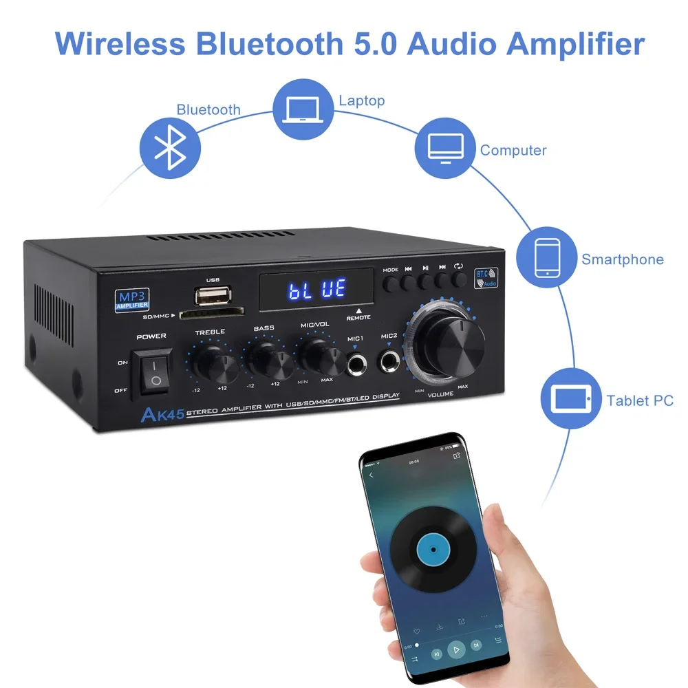 AK45 2Channel bluetooth Mini HIFI Power Amplifier Audio Stereo Amp Home Car FM e