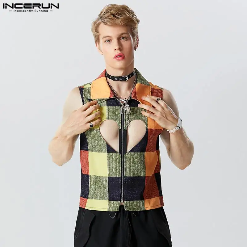 

INCERUN Tops 2024 American Style Mens Fashion Hollowed Love Zipper Design Vests Casual Block Splicing Sleeveless Waistcoat S-5XL