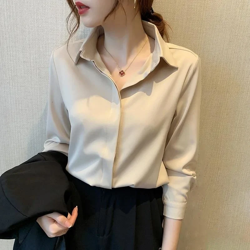 

Imitation Silk Collared button up Shirt Women's 2023 New Professional Suit With Long Sleeve Design Feeling Small White blouse