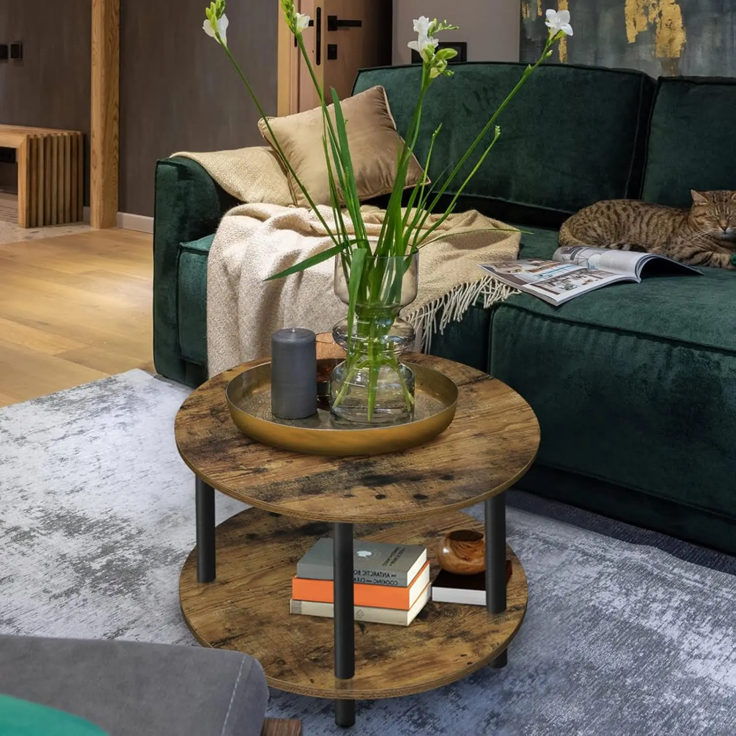 Small Round Coffee Table with Open Storage for Small Space, 23.5" Black 2-Tier Wooden Center Table for Living Room 6