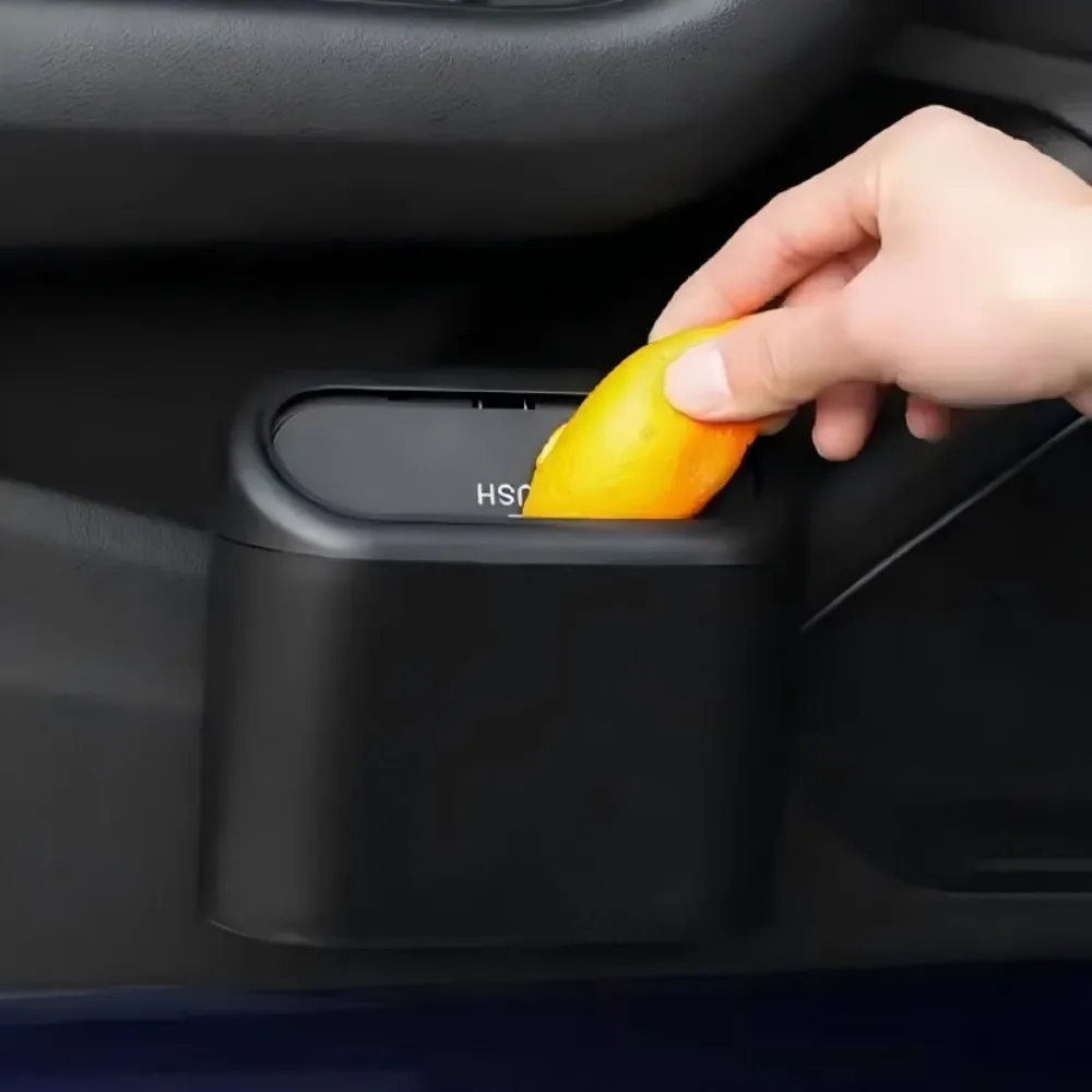 Black ABS Car Trash Can with Lid for Vehicle Storage