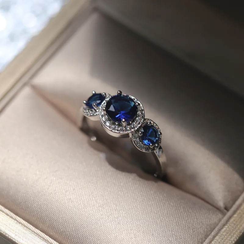 Wedding Rings Women 925 Sterling Silver Luxury Big Round Blue CZ Fine Jewelry Gift