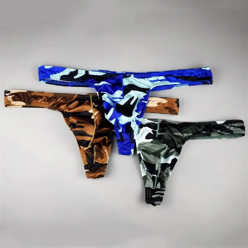 Camouflage Print Men's Pouch Thong Underwear - Sexy Convex Design, Plus Size