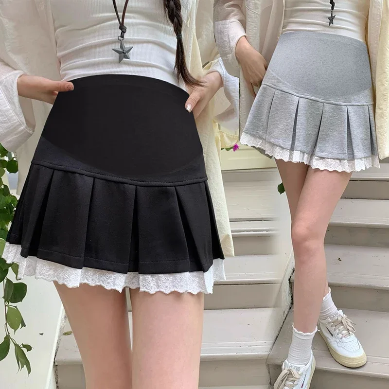 Good Quality Japanese Style Maternity Mini Skirts with Lining Shorts Lace Patchwork High Waist Pregnant Woman Pleated Skirt Cute